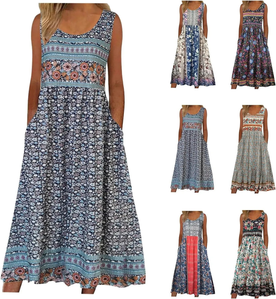 Bohemian Floral Beach Sundress with Pockets