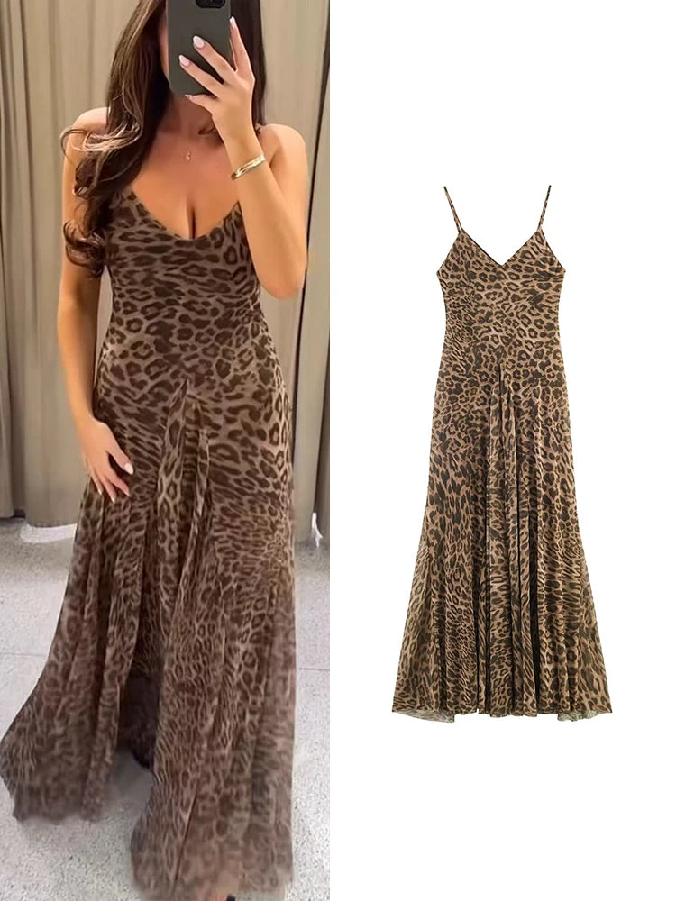 Vintage Leopard Sling Backless Maxi Dress