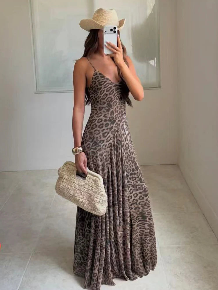 Vintage Leopard Sling Backless Maxi Dress